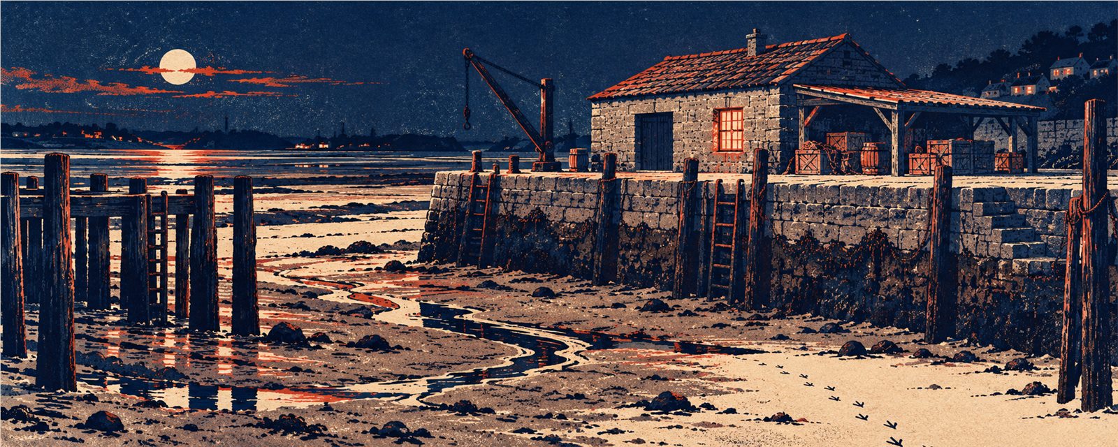An old customs harbor at low tide, printed in navy and vermilion ink.
